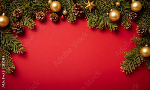 Christmas tree branches, cones and gold christmas decorations on a flat red background. Merry Christmas, New Year or winter flatlay background for banner or postcard with copy space. Top view.