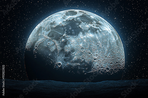 Majestic Lunar Orb Rising Over Dark Planetoid Surface photo