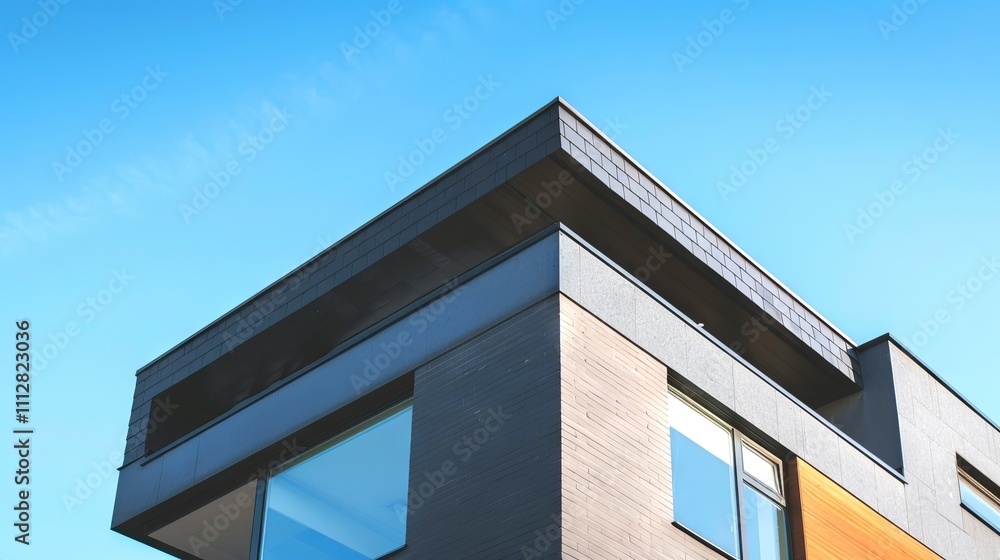 Modern Architecture of a Sleek Black Shingle Roof House against a Clear Blue Sky. Concept of Contemporary Design, Urban Living, Innovative Construction, Modern Homes Modern Architecture of a Sleek Black Shingle Roof House against a Clear Blue Sky. Concept of Contemporary Design, Urban Living, Innovative Construction, Modern Homes
