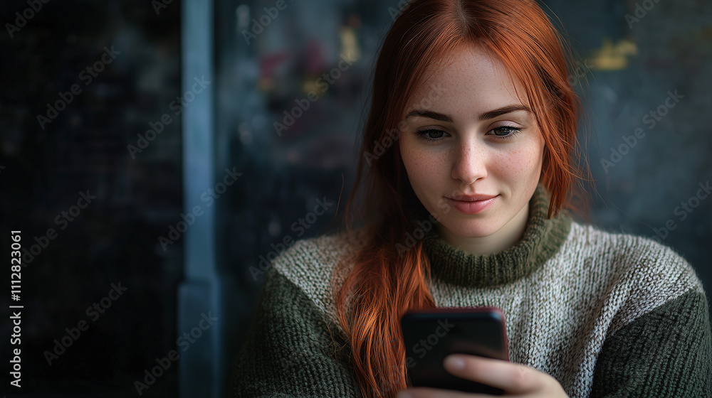 Mujer joven pelirroja usando un smartphone en interior Mujer joven pelirroja usando un smartphone en interior