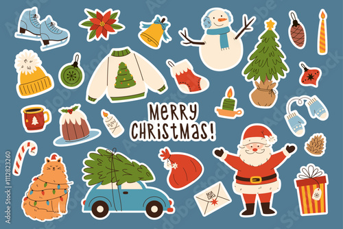 Merry Christmas vector sticker set. Elements for Christmas card designs, posters and banners. Winter and christmas illustration.