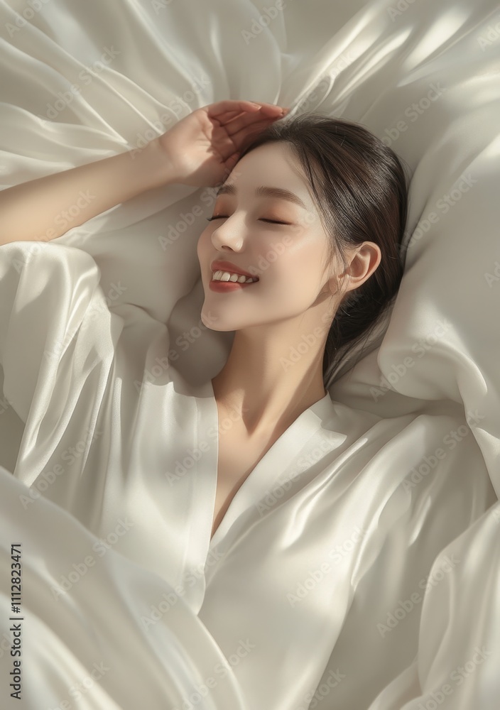 Serene Woman Relaxing in Luxurious Silk Bedding