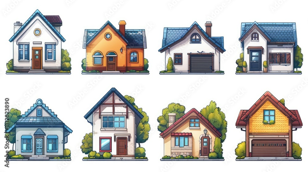 Eight diverse house illustrations, various styles, colors, and sizes, perfect for real estate or game design. Eight diverse house illustrations, various styles, colors, and sizes, perfect for real estate or game design.