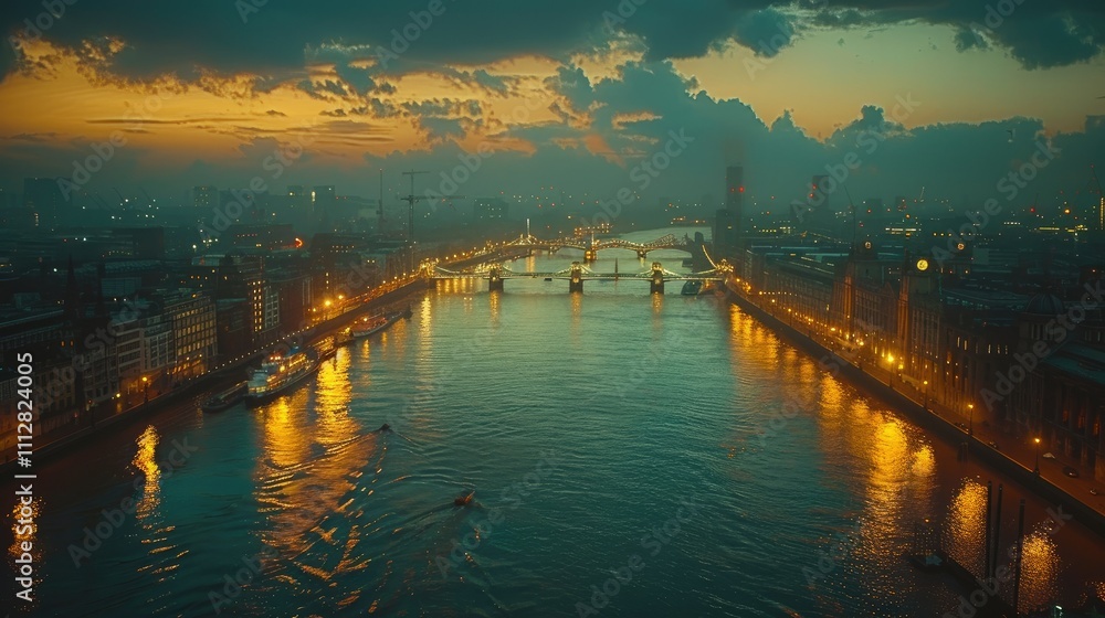 Obraz premium Dramatic twilight cityscape with river, bridges, and boats.