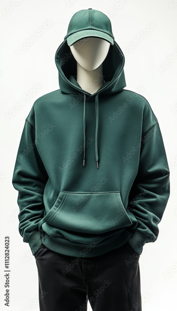 Dark Green Hoodie and Baseball Cap on Mannequin Display Dark Green Hoodie and Baseball Cap on Mannequin Display