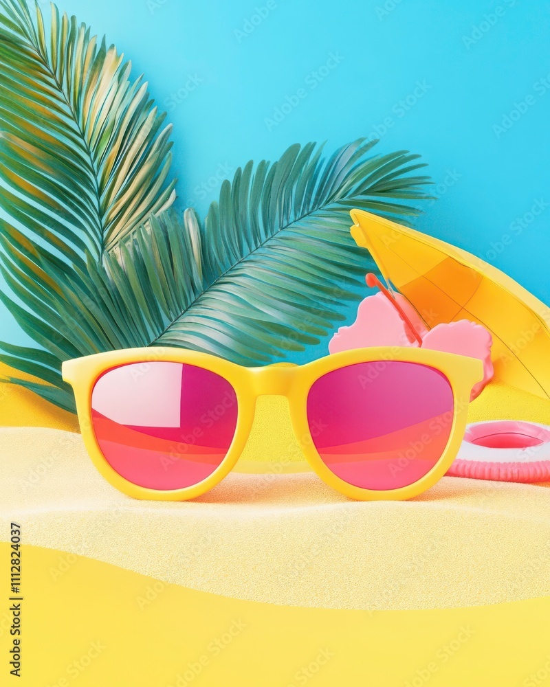 Vibrant Summer Scene with Sunglasses and Tropical Elements Vibrant Summer Scene with Sunglasses and Tropical Elements