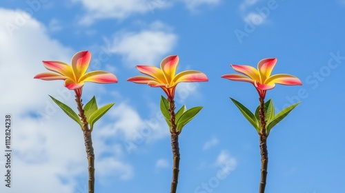 Three vibrant plumeria flowers against a bright blue sky with fluffy white clouds.