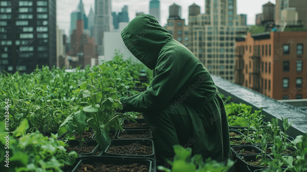 A person, dressed in green, is tending to a plant on an urban rooftop garden, highlighting the connection between urban living and nature through gardening and environmental stewardship A person, dressed in green, is tending to a plant on an urban rooftop garden, highlighting the connection between urban living and nature through gardening and environmental stewardship