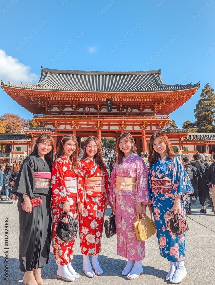 Six Women in Kimonos Pose Before a Japanese Temple Gate Six Women in Kimonos Pose Before a Japanese Temple Gate