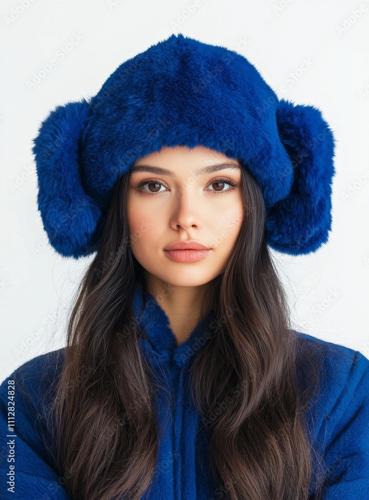 Stylish Woman in a Blue Faux Fur Winter Hat with Ear Flaps Stylish Woman in a Blue Faux Fur Winter Hat with Ear Flaps