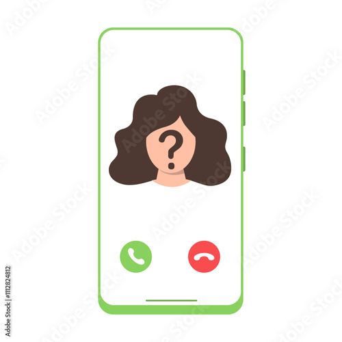 A smartphone screen displays an incoming call from an unidentified caller, featuring a question mark over a user's outline and green decline and accept buttons below