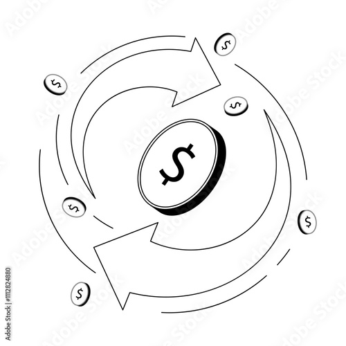 Financial transactions illustrated with arrows and dollar signs depicting movement and flow of money in a dynamic manner.