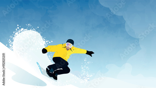Snowboarder in yellow snowsuit skiing on mountain. Vector poster of Winter Sport. Man playing snowboarding, skiing or skating. Winter landscape with snow. Horizontal banner template. 