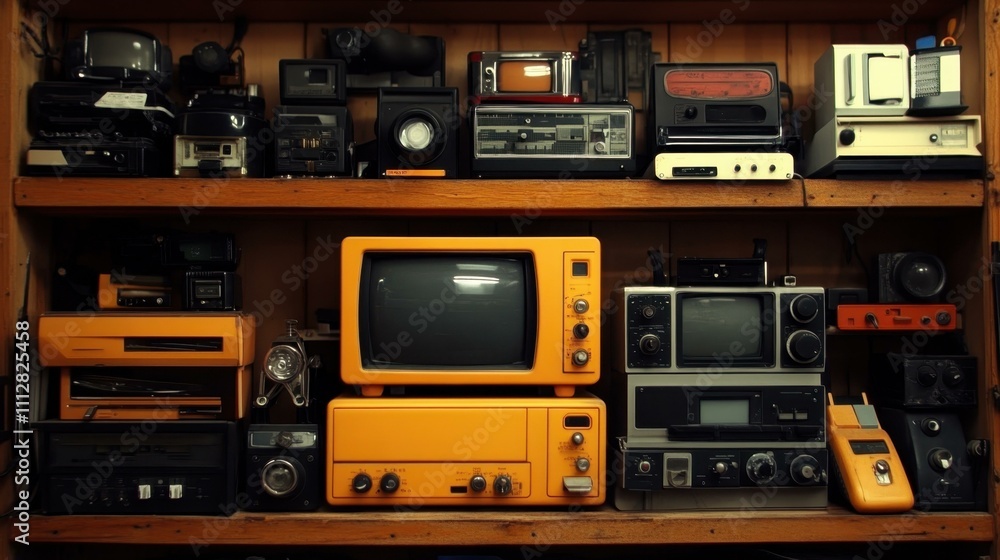 Obraz premium Classic Audio Gear. Vintage electronics collection showing retro radios, old televisions, classic audio equipment arranged on wooden shelves, perfect for nostalgic projects, technology history, retro