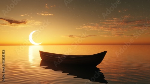 Tranquil sunset scene with a small boat on placid water, crescent moon and sun setting behind clouds.