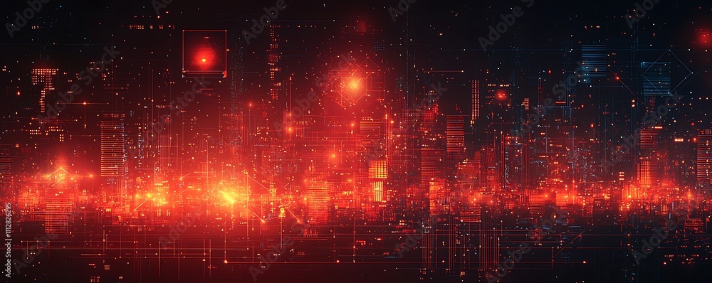 Obraz premium An abstract red matrix background with various geometric elements and patterns.