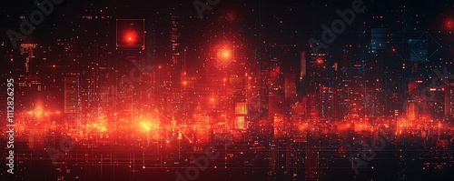 An abstract red matrix background with various geometric elements and patterns.