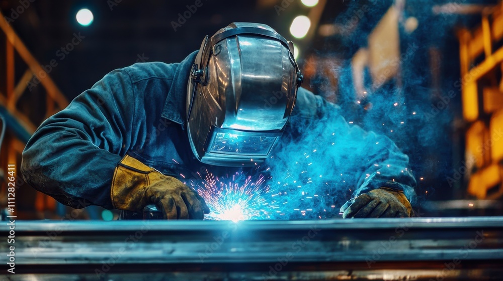 Welder at work with sparks flying in a metal fabrication workshop Welder at work with sparks flying in a metal fabrication workshop