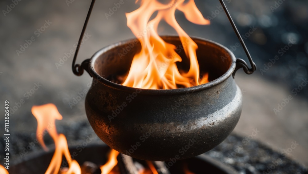 Flames Dancing in a Metal Pot Over a Cozy Fire. Flames Dancing in a Metal Pot Over a Cozy Fire.