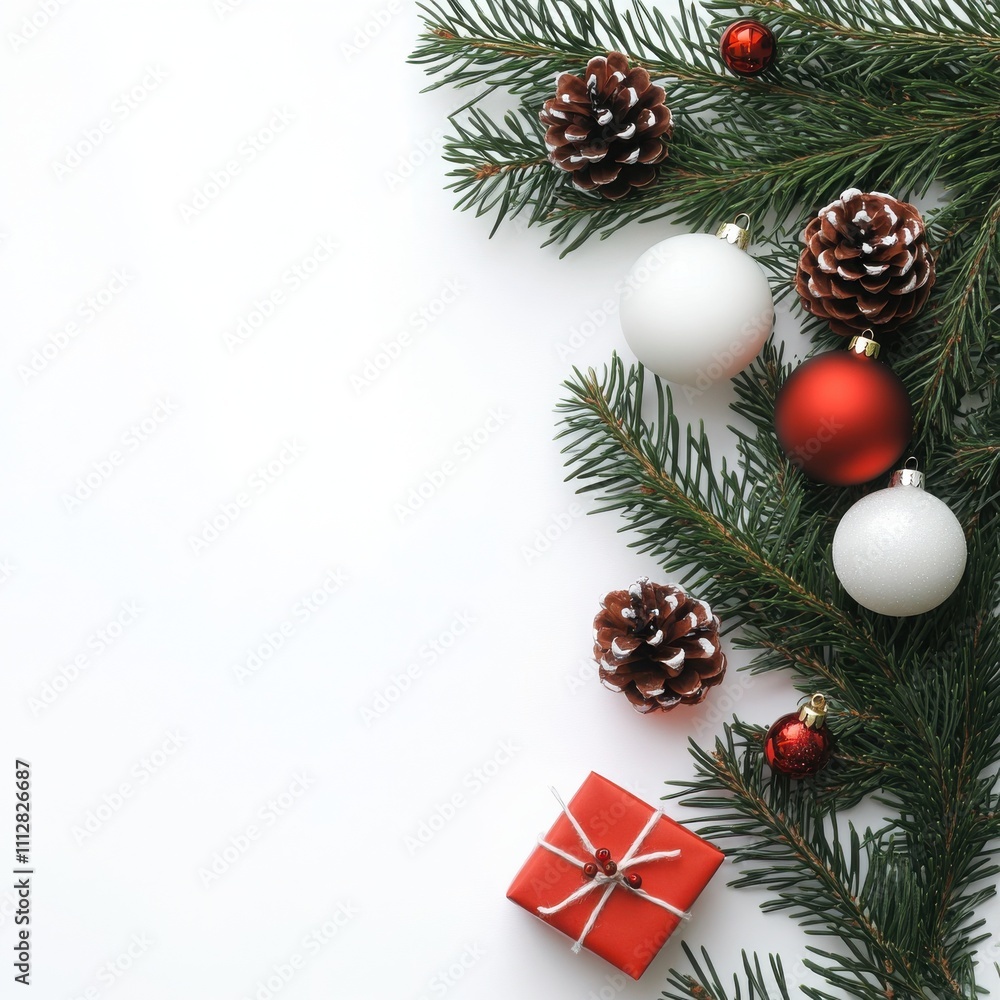 Christmas tree branch pine needles red ornaments white ornament pine cone small red gift box Christmas tree branch pine needles red ornaments white ornament pine cone small red gift box