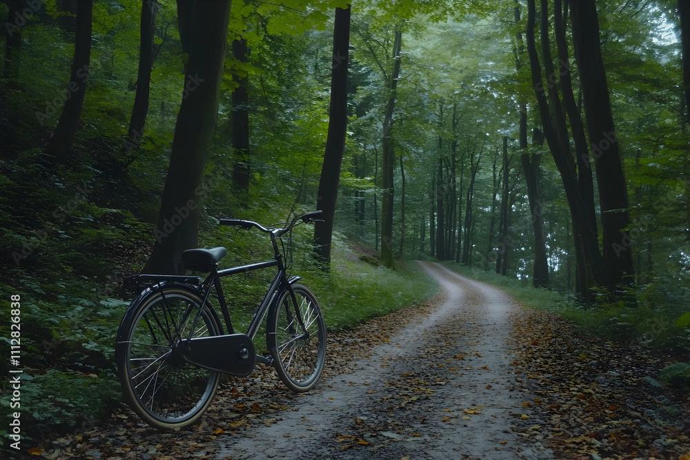 Bicycle parked on a forest path, perfect for nature-themed visuals4k image Bicycle parked on a forest path, perfect for nature-themed visuals4k image