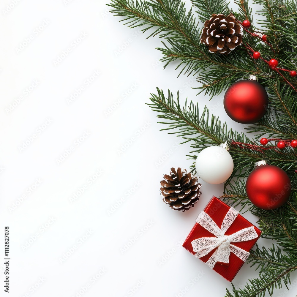 Christmas tree branch pine needles red ornaments white ornament pine cone small red gift box Christmas tree branch pine needles red ornaments white ornament pine cone small red gift box