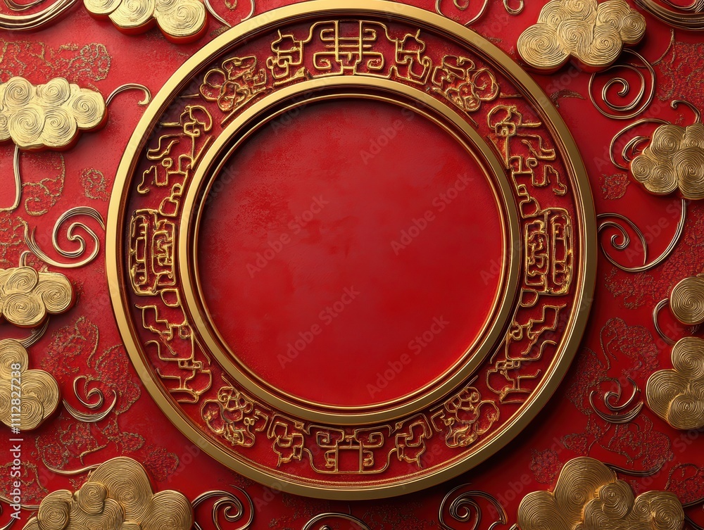 A decorative red and gold circular frame with intricate cloud patterns.