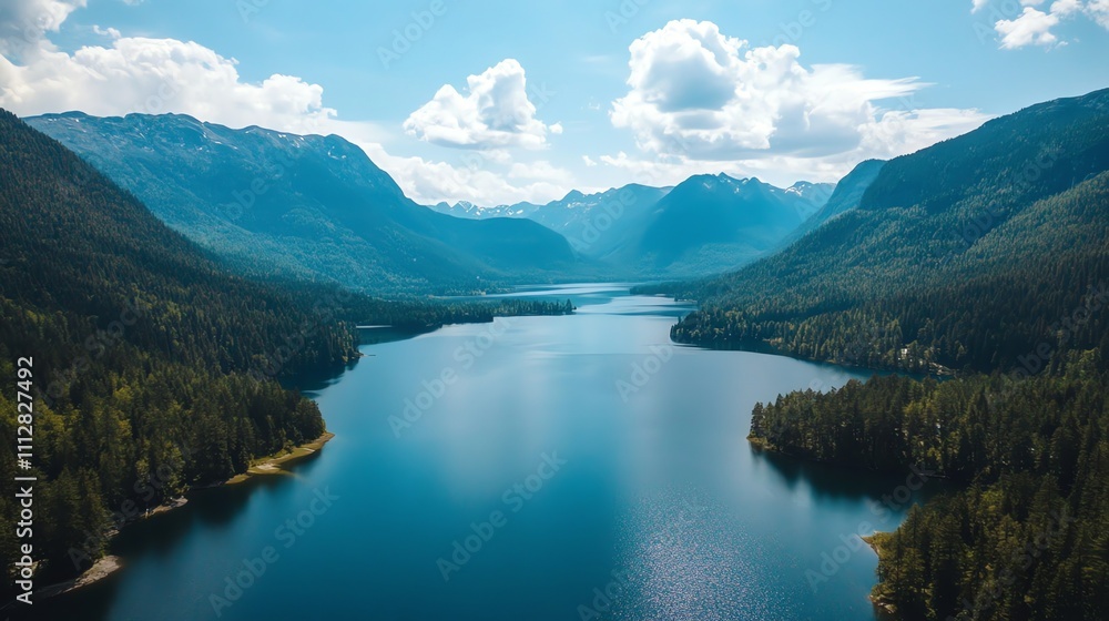 Aerial view of a lake surrounded by mountains and trees on a sunny day. Aerial view of a lake surrounded by mountains and trees on a sunny day.