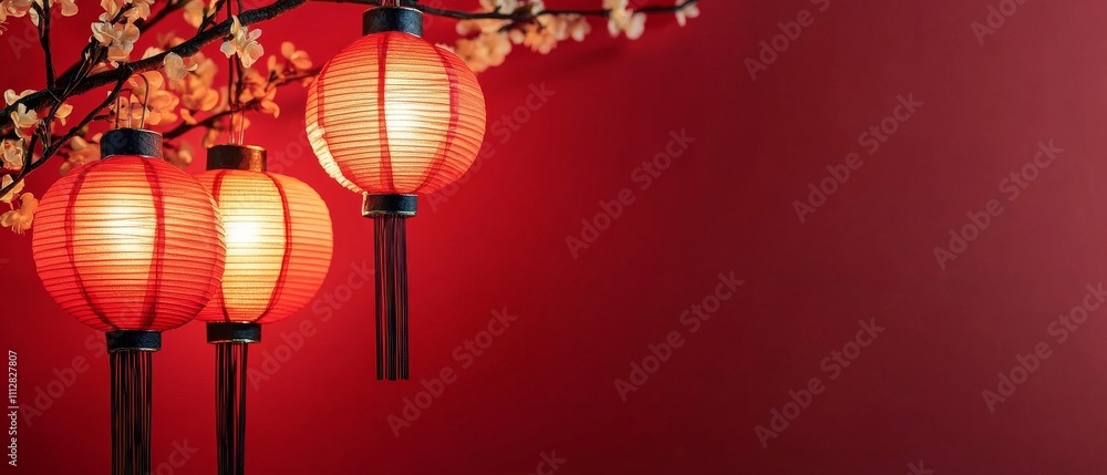 Chinese New Year Three red lanterns hanging from a tree branch Chinese New Year Three red lanterns hanging from a tree branch