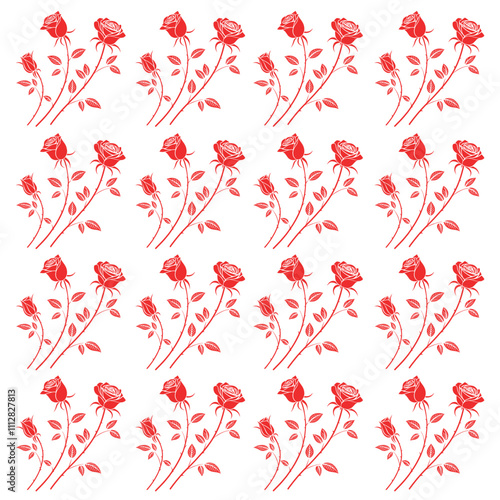 Vector illustration of cyclic minimalistic red roses patterns on white background.