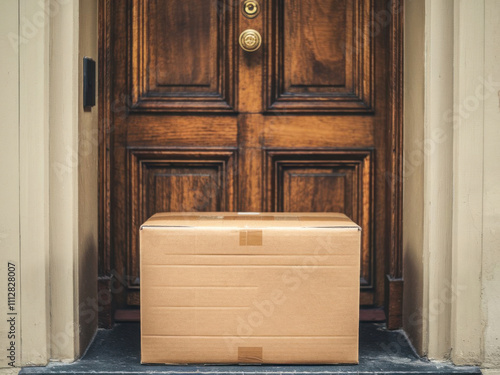 Caja de cartón para entrega frente a una puerta de entrada.
 photo