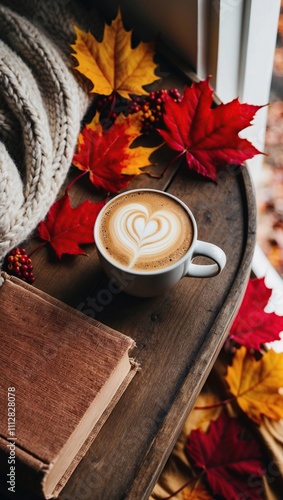 Autumn scene with coffee, book, and knitted blanket photo