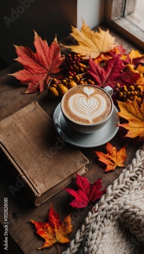 Autumn scene with coffee, book, and knitted blanket photo