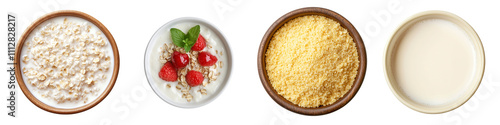 Set of catmeal in a bowl, top view, isolated on transparent background.  photo