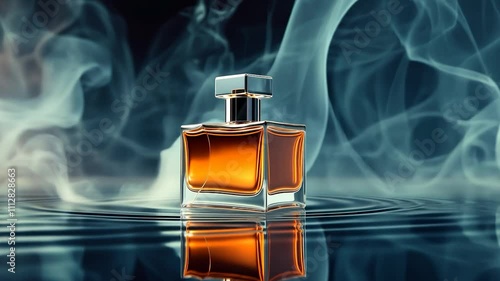 ​A luxurious blue glass perfume bottle with a spray nozzle, showcasing fragrance and beauty products