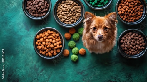 pet accessories in a frame dry food in a bowl and toys on a green table top view flat lay banner design for a pet stor photo