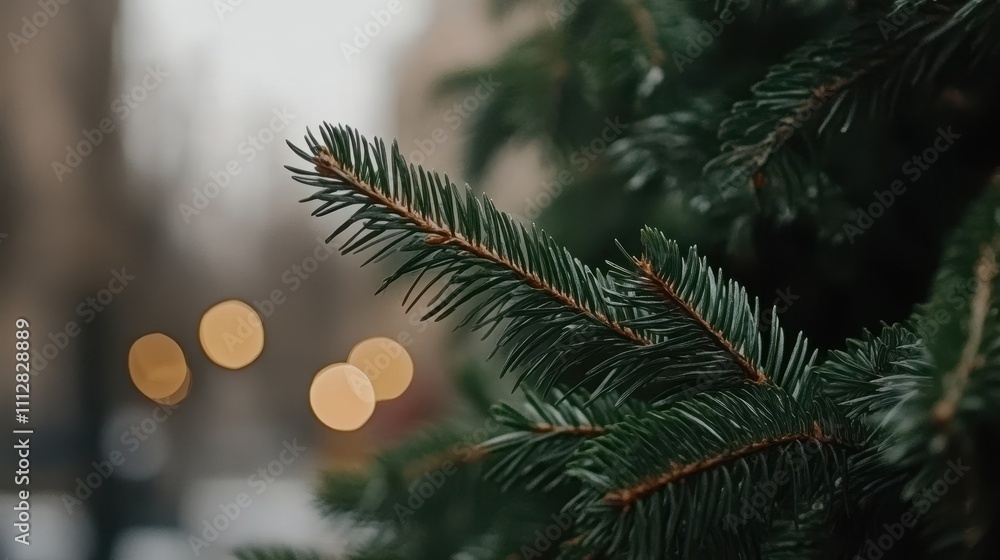 Close-up of evergreen fir tree branch with blurred city lights background. Close-up of evergreen fir tree branch with blurred city lights background.