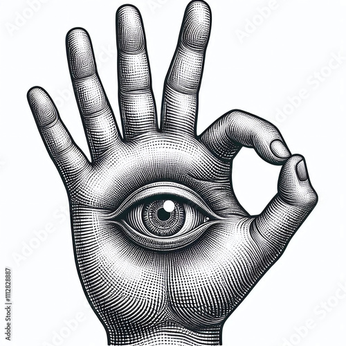 Hand making an OK gesture with an eye in the palm, blending symbolism and mystical elements sketch engraving. Scratch board imitation. Black and white. Generative AI.
