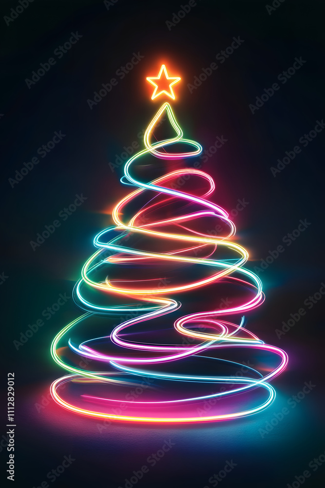 Colorful neon Christmas tree on dark background.