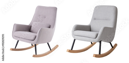 Modern upholstered rocking chairs with wooden base image isolated transparent, ai generated. Relaxation furniture cut out photo png. Cozy seating. Comfortable rocker cutout objects set photography photo