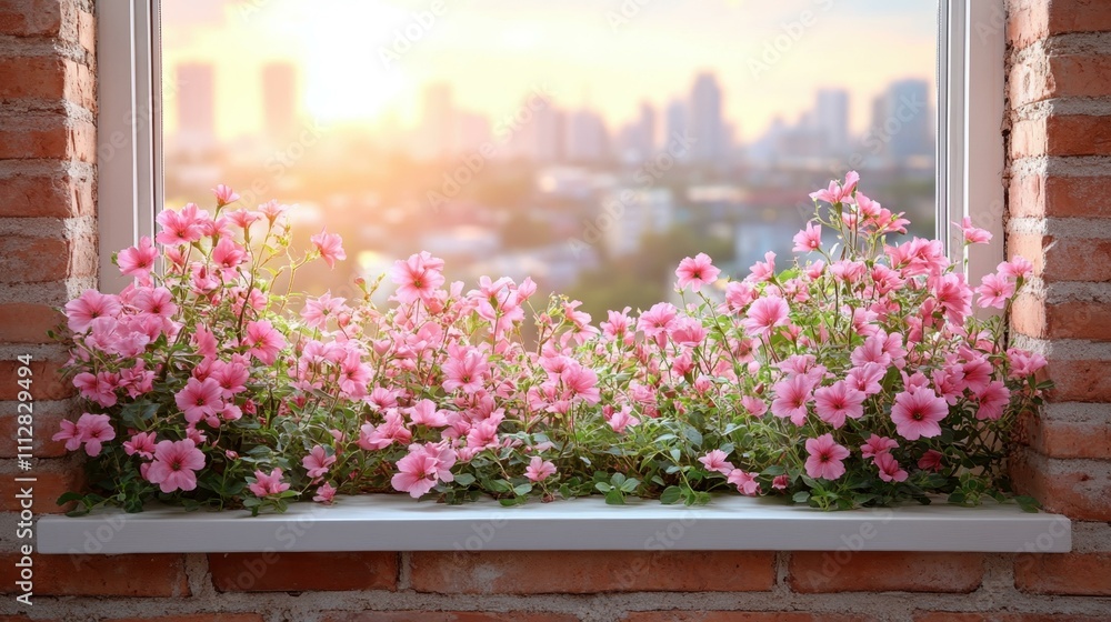Fototapeta premium City Skyline Sunrise. Window with blooming pink flowers, city skyline in the background during sunrise or sunset, perfect for home decor, gardening blogs, romantic themes, or spring season imagery wi