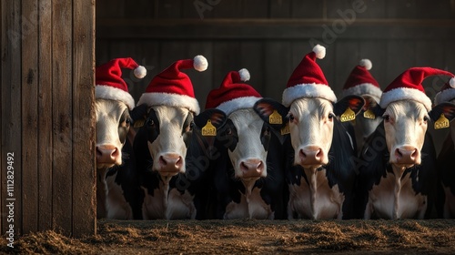 Merry Christmas from the Farm! Five adorable cows wearing Santa hats peek from a barn, creating a heartwarming festive scene.