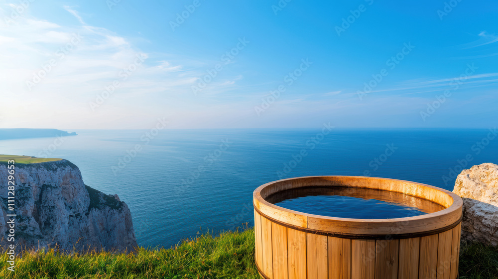 A wooden hot tub overlooks the serene ocean, surrounded by lush green cliffs and a clear blue sky, creating a relaxing outdoor retreat. A wooden hot tub overlooks the serene ocean, surrounded by lush green cliffs and a clear blue sky, creating a relaxing outdoor retreat.