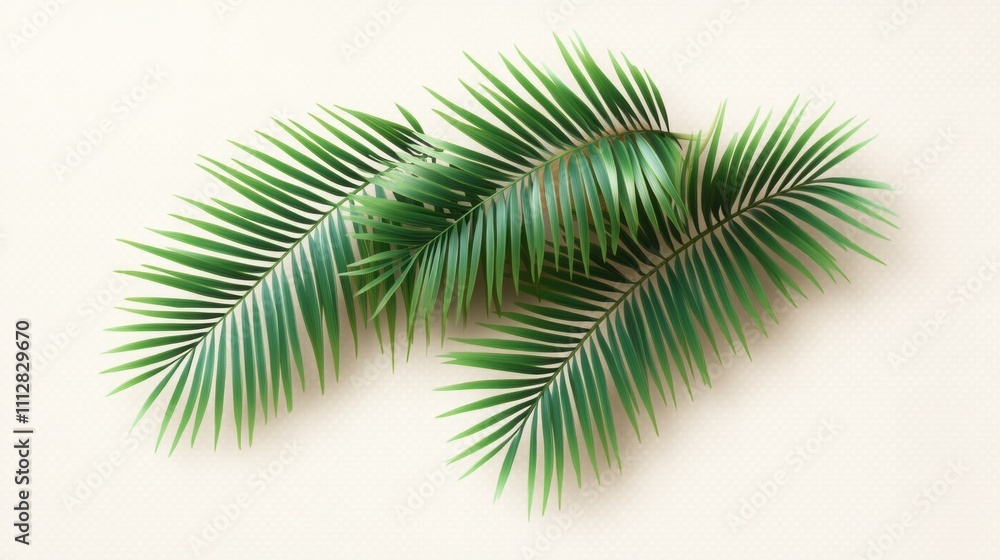 Three vibrant green palm leaves arranged on a light background. Three vibrant green palm leaves arranged on a light background.