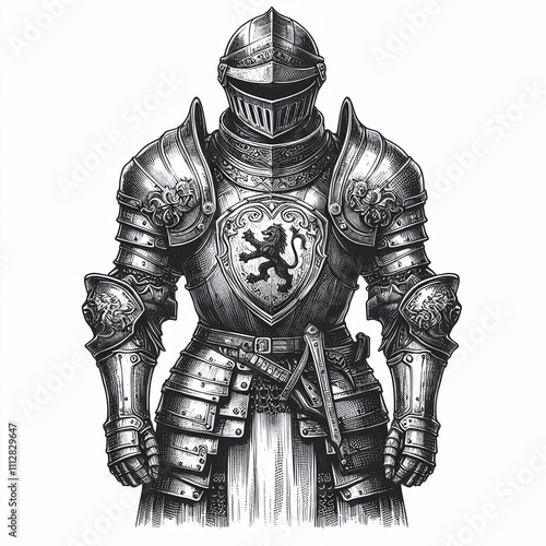 Medieval knight in full plate armor, classic armor design with lion emblems sketch engraving. Scratch board imitation. Black and white.Generative AI.