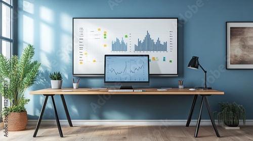 Modern Office Workspace with Computer and Charts on Wall