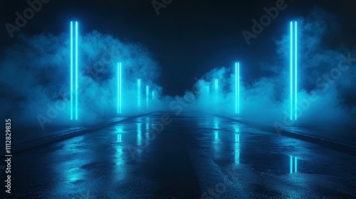 A mesmerizing night scene featuring glowing blue neon lights amidst a foggy atmosphere.