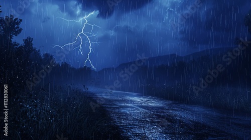 Wallpaper Mural Night scene with lightning illuminating a rainy road. Torontodigital.ca