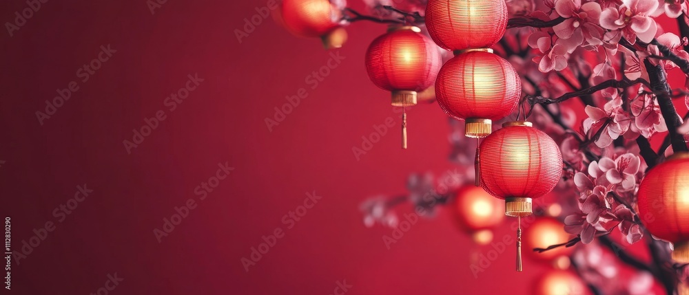Chinese New Year A red background with a tree in the foreground Chinese New Year A red background with a tree in the foreground