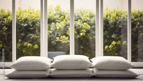 Three White Pillows on a Floor Seat in Front of a Window with Lush Greenery.